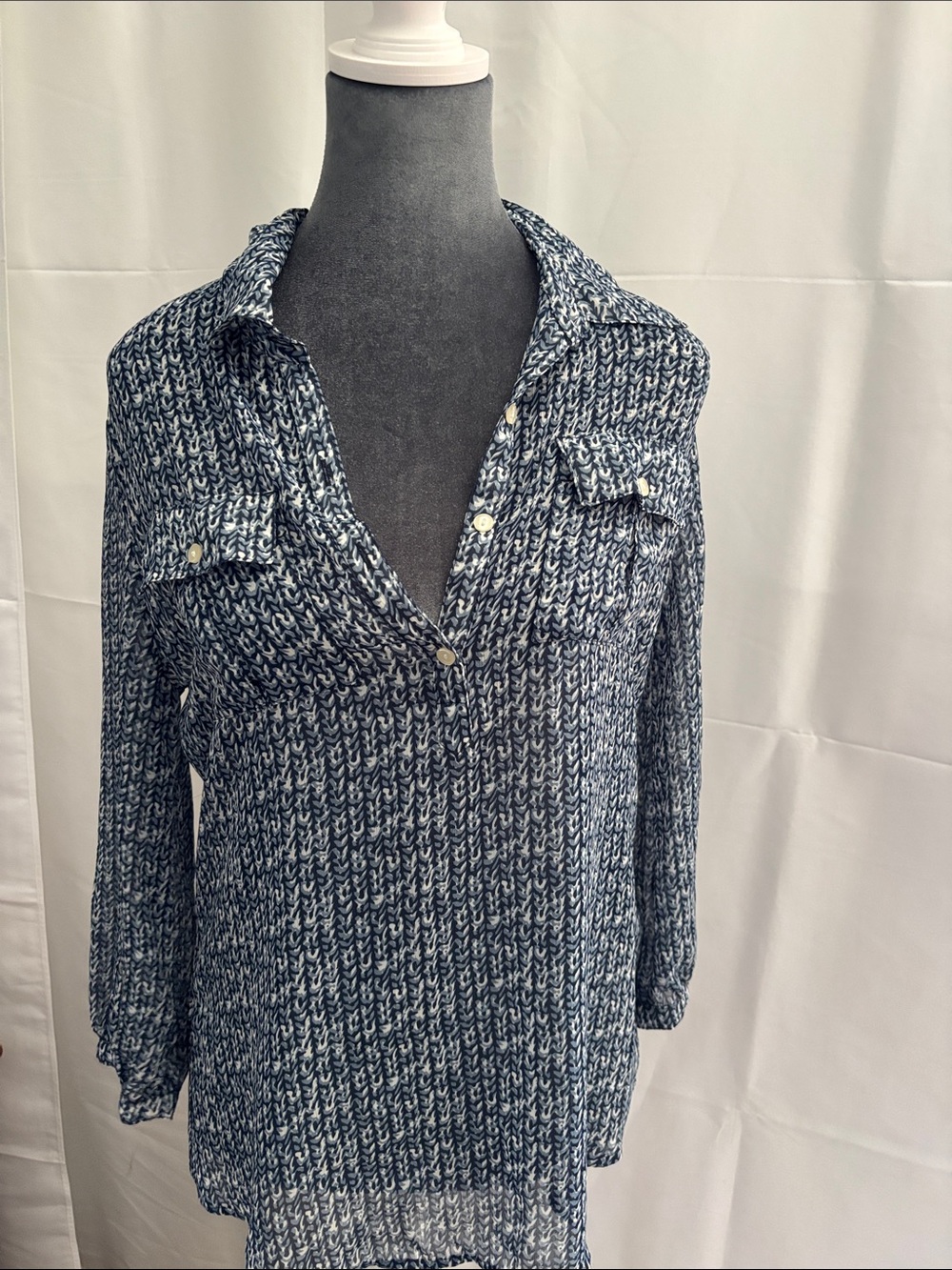 Lucky Brand Navy & White Marled Knit Button-Placket Long Sleeve Top S